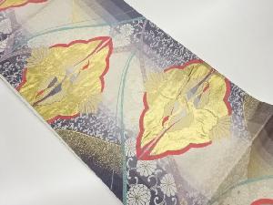 縞に向かい鶴・菊唐草模様織出し袋帯